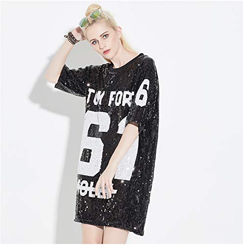 Bmeigo Mini Vestido de Las Mujeres Camisetas con Lentejuelas Manga 3/4 Blusas largas holgadas Patrón de Letras para Pub Informal Fiesta