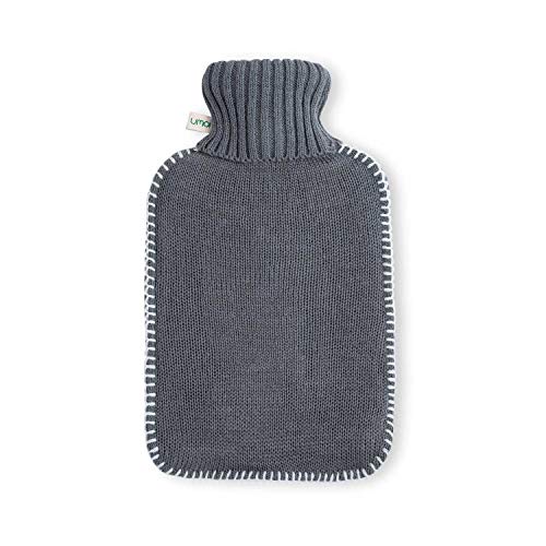 Bolsa de agua caliente con tapa blanda extraíble, 1.8 litros con forro de punto fino y costura blanca (gris)