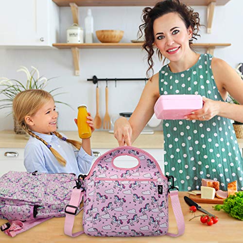 Bolsa Termica Comida para Niña, KASGO Neopreno Unicornio Bolsa Térmica Infantil Bolsa porta Alimento Escuela Bolsa Térmica para Picnic con Bolsillo Frontal y Correa de Hombro Ajustable Desmontable