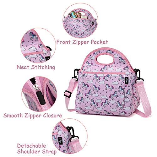 Bolsa Termica Comida para Niña, KASGO Neopreno Unicornio Bolsa Térmica Infantil Bolsa porta Alimento Escuela Bolsa Térmica para Picnic con Bolsillo Frontal y Correa de Hombro Ajustable Desmontable