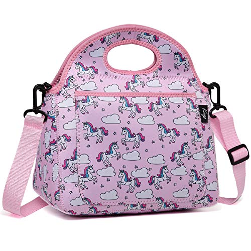 Bolsa Termica Comida para Niña, KASGO Neopreno Unicornio Bolsa Térmica Infantil Bolsa porta Alimento Escuela Bolsa Térmica para Picnic con Bolsillo Frontal y Correa de Hombro Ajustable Desmontable