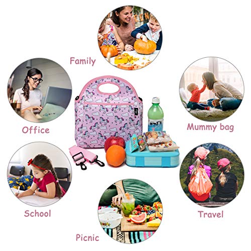 Bolsa Termica Comida para Niña, KASGO Neopreno Unicornio Bolsa Térmica Infantil Bolsa porta Alimento Escuela Bolsa Térmica para Picnic con Bolsillo Frontal y Correa de Hombro Ajustable Desmontable