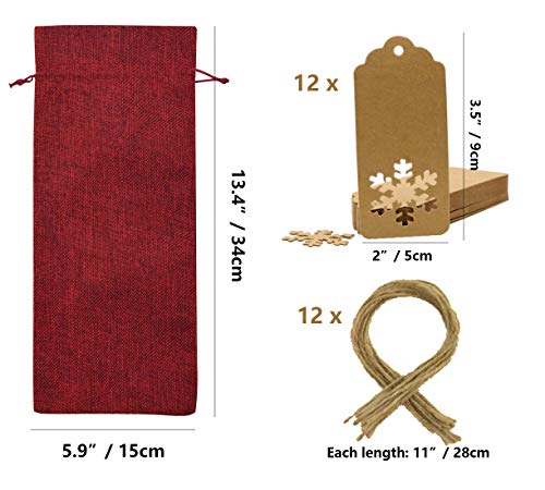 Bolsas de regalo de vino de arpillera, 12 piezas de yute con cordón para botellas de vino con etiquetas y cuerdas para Navidad, boda, viajes, cumpleaños, fiesta (natural)