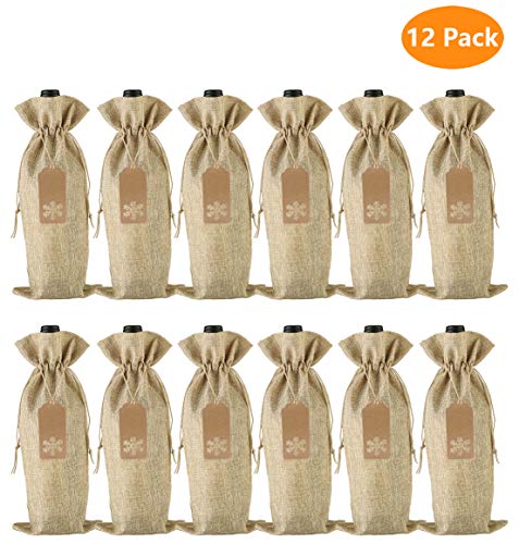 Bolsas de regalo de vino de arpillera, 12 piezas de yute con cordón para botellas de vino con etiquetas y cuerdas para Navidad, boda, viajes, cumpleaños, fiesta (natural)
