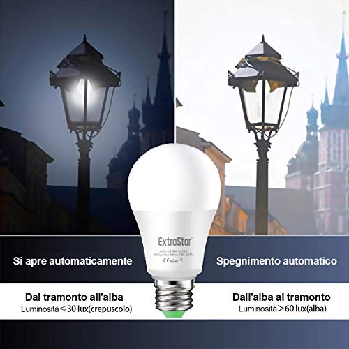 Bombilla con sensor, Extrastar E27 bombillas LED con sensor crepuscular de exterior, Auto On/Off, 9 W, blanco frío 6500 K, para porche, jardín, puerta de entrada o pasillo. 2 unidades