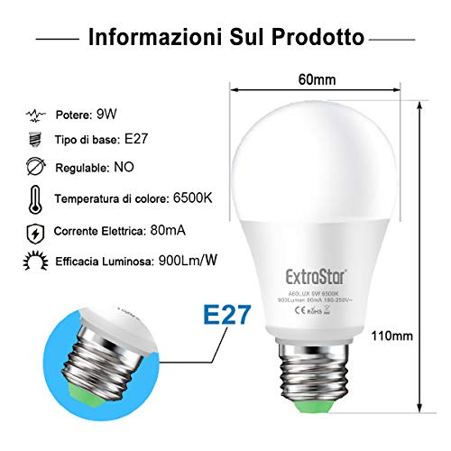 Bombilla con sensor, Extrastar E27 bombillas LED con sensor crepuscular de exterior, Auto On/Off, 9 W, blanco frío 6500 K, para porche, jardín, puerta de entrada o pasillo. 2 unidades