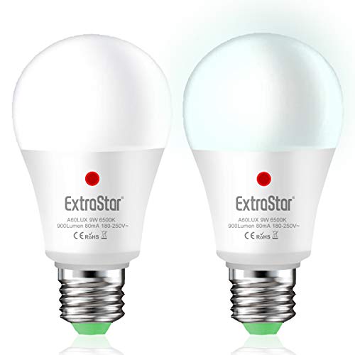 Bombilla con sensor, Extrastar E27 bombillas LED con sensor crepuscular de exterior, Auto On/Off, 9 W, blanco frío 6500 K, para porche, jardín, puerta de entrada o pasillo. 2 unidades