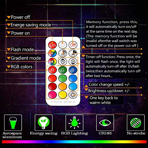 Bombillas de Colores, E27 6W RGBW LED Bombilla Cambio de Color Edison, RGB 12 Colore, Función de Memoria Dual, para Decoración para el hogar Bar Partido KTV Etapa Efecto luces (2 unidades)