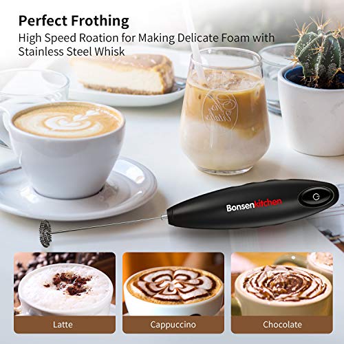 Bonsenkitchen Espumador eléctrico de mano con Soporte, Batidor de leche de Acero Inoxidable para café, café con Leche, Latte y Cappuccino, batería incluida (Negro,MF8710)