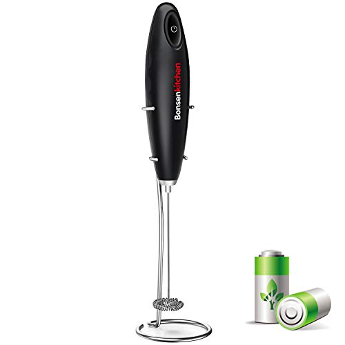 Bonsenkitchen Espumador eléctrico de mano con Soporte, Batidor de leche de Acero Inoxidable para café, café con Leche, Latte y Cappuccino, batería incluida (Negro,MF8710)