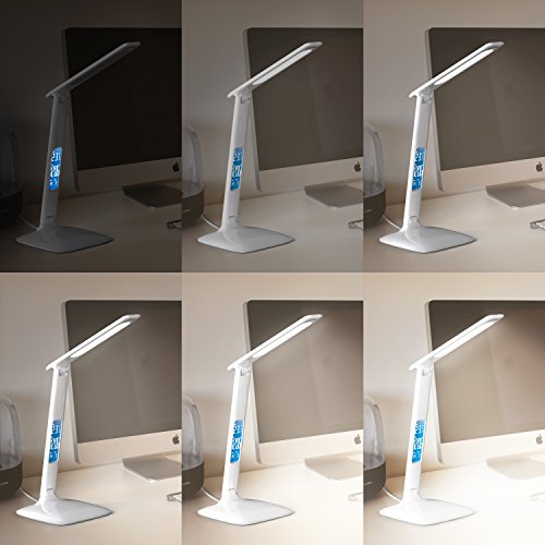 Brandson - Lámpara de Escritorio LED de Intensidad Regulable - luz en 3 Colores: frío, cálido y Blanco Neutro - 5 Niveles de luminosidad – Calendario y Alarma de Temperatura - Blanco