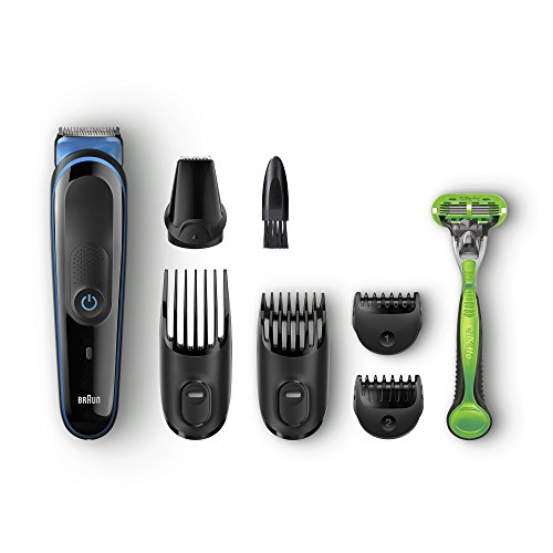 Braun MGK3042 7 en 1 Recortadora todo en uno, Máquina recortadora barba y cortapelos, recortadora para pequeños detalles, color negro/azul