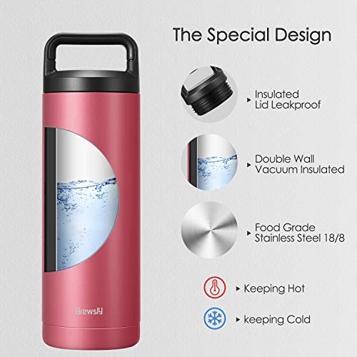 Brewsly Botella de Agua - 500ML de Doble Pared con Aislamiento Botella Térmica, Acero Inoxidable 18/8, Proceso de Recubrimiento en Polvo, Resistencia al Rayado, Fácil de Limpiar, Rojo