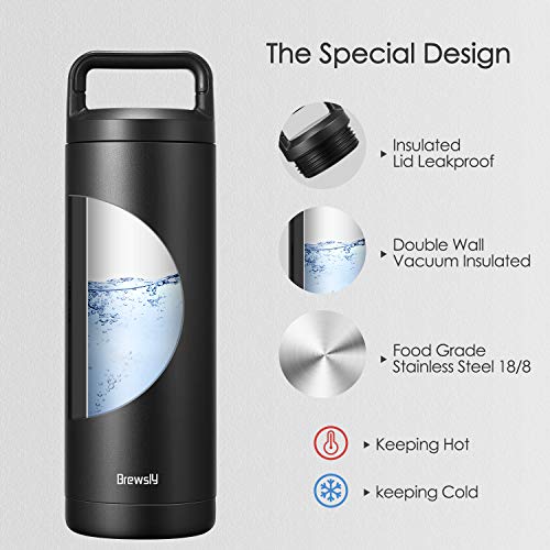 Brewsly Botella de Agua - 500ML de Doble Pared con Aislamiento Botella Térmica, Acero Inoxidable 18/8, Proceso de Recubrimiento en Polvo, Resistencia al Rayado, Fácil de Limpiar, Negro
