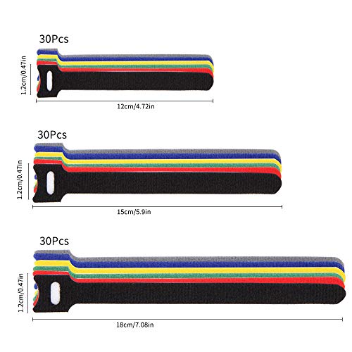 Bridas Velcro, Jolintek 90 Pcs Organizador Cables Bridas Reutilizables, Cable Correas Set, Multicolor Sujeta Cables Ajustable Organizador de Cables para Cables en Hogar y Oficina, 6 Colores, 3 Tamaños