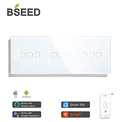 BSEED Interruptor wifi de pared Blanco,Interruptor inteligente de pantalla táctil de cristal 2 Gang 1 Way+ 2 Gang 1 Way+2 Gang 1 Way compatible con Tuya,Amazon Alexa, Google Home, iOS Android App