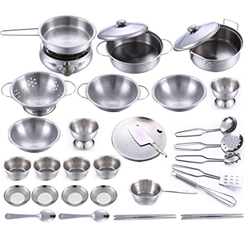 BSPAS Juguetes de Cocina 32 Piezas Acero Inoxidable Metal Utensilios de Cocina Batería de Cocina para Niños Juegos