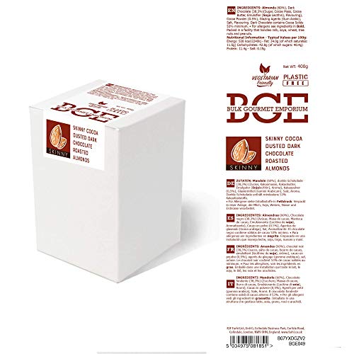 Bulk Gourmet Emporium - Almendras bañadas en chocolate negro y espolvoreadas con cacao, producto vegetariano, halal y sin envase de plástico, 400 gr