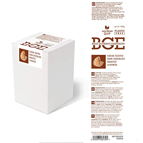 Bulk Gourmet Emporium - Almendras tostadas bañadas en chocolate negro belga y espolvoreadas con cacao, producto vegetariano, halal y sin envase de plástico, 420 gr