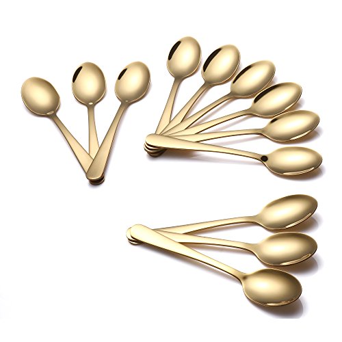 Buyer Star 12pcs Café Cuchara, Oro 5.5'' Acero Inoxidable para Azúcar Tarta Pastel Espresso Demitasse Espejo Pulido