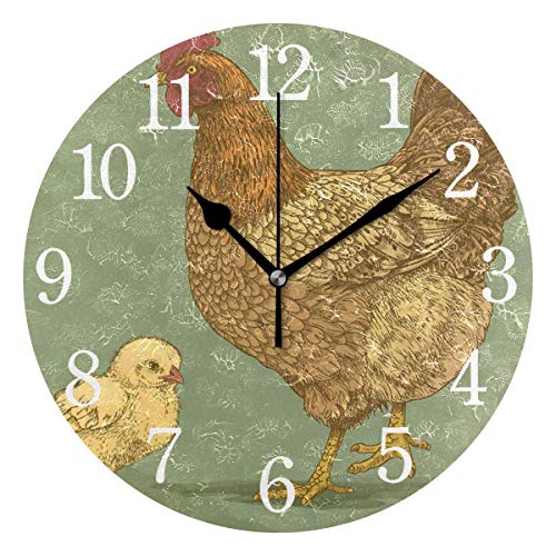 Ca565urs - Reloj de Pared Redondo de Madera con diseño de gallina de Campo de 12 Pulgadas para decoración del hogar, Sala de Estar, Cocina, Dormitorio, Oficina, Escuela