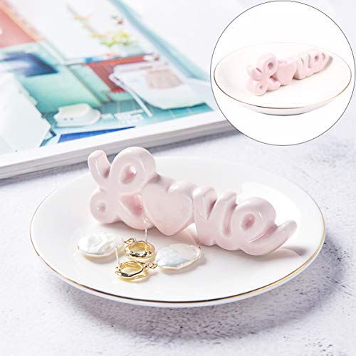 Cabilock Bandeja de Plato de Joyería de Amor de Cerámica Soporte de Anillo de Porcelana Bandeja de Joyería Decorativa Pequeña para Mujer Organizador de Joyería para Pendientes de Collar