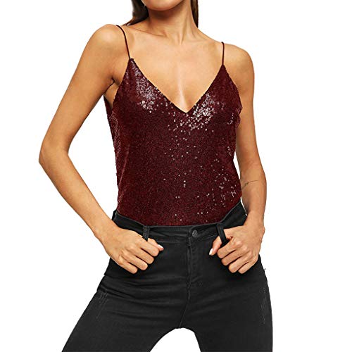 Camisetas sin Mangas Mujer Sexy sólido Moda con Cuello en V Tank Tops Lentejuelas Cultivos Top Camis Verano Blusa De Fiesta Mujer Ropa Tirantes Camiseta Riou
