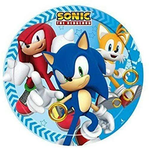 CAPRILO. Lote de Cubiertos Infantiles Desechables Modern Sonic (16 Vasos,16 Platos,16 Servilletas,1 Mantel y 1 Piñata) .Vajillas. Juguetes y Regalos de Cumpleaños, Bodas, Bautizos y Comuniones.