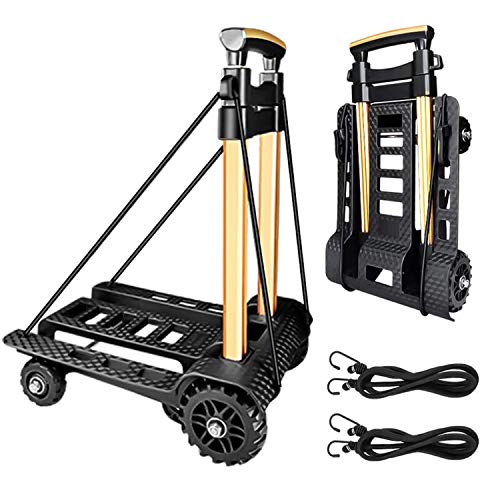 Carretilla Plegable, con Rueda de Tanque de Resistentes al Desgaste sin Ruido y Barra de Compacto Ligero Duradero de Aluminio Asa Retráctil，Carga Máxima 60 KG/132 LBS, Portátil sólo 3.9 LBS