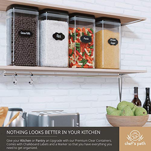 Chef's Path Botes Cocina Almacenaje Alimentario Hermético – Etiquetas + Rotulador – Botes Cocina y Despensa para Harina, Cereales, Pasta y más– Táper Plástico Transparente con tapa (4 Piezas – 3,2 L)