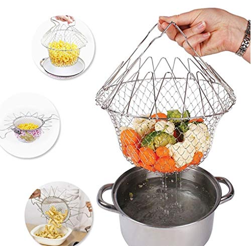 Colador plegable Colador cesta de alimentos malla de enjuague red freír freidora cesta de cocina de acero inoxidable herramienta de cocina