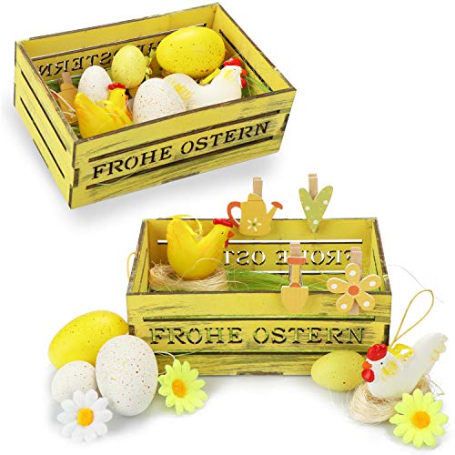 com-four® Set de decoración y Regalo de 30 Piezas para Pascua - Etiquetas y Huevos de Pascua para decoración - Canasta de Pascua con Hierba y Flores Decorativas (30 Piezas - Caja de Pascua)