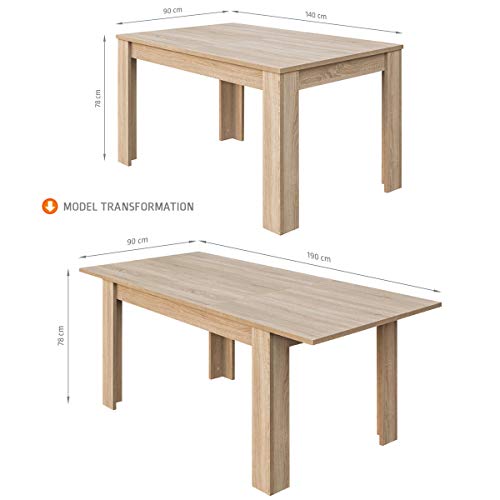 COMIFORT Mesa de Comedor- Mueble Extensible, de Estilo Moderno, Muy Resistente, con Medidas de 140/190 x 90 x 78 cm, Fabricado en Europa, Color Sonoma