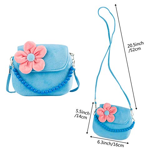 Comius Sharp Joyas para niños Niñas Bolso de Peluche, Bolso Princesa, Bolsos para con Flores de Fieltro con Cuentas Mini Bolso,Crossbody Para Pequeñas,Collar Pulsera Anillo Pinzas de Conjunto. (Blue)