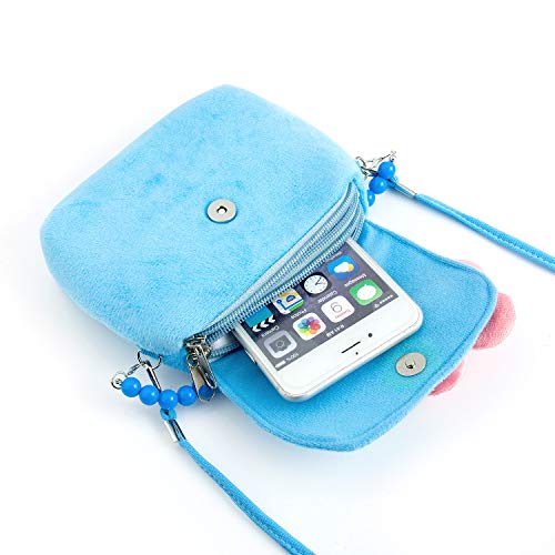 Comius Sharp Joyas para niños Niñas Bolso de Peluche, Bolso Princesa, Bolsos para con Flores de Fieltro con Cuentas Mini Bolso,Crossbody Para Pequeñas,Collar Pulsera Anillo Pinzas de Conjunto. (Blue)