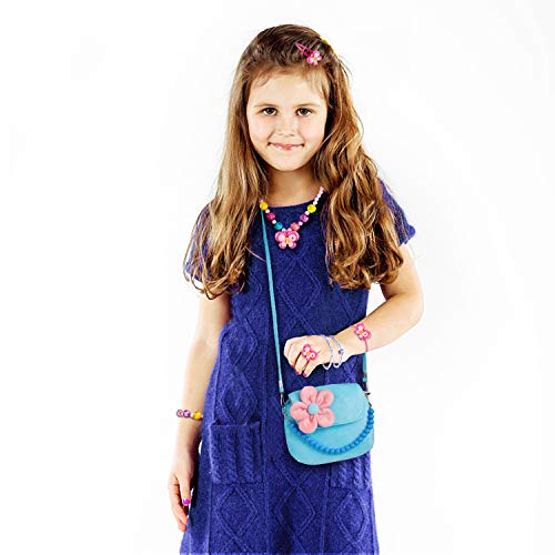 Comius Sharp Joyas para niños Niñas Bolso de Peluche, Bolso Princesa, Bolsos para con Flores de Fieltro con Cuentas Mini Bolso,Crossbody Para Pequeñas,Collar Pulsera Anillo Pinzas de Conjunto. (Blue)