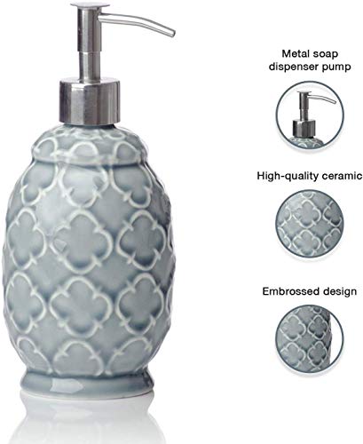 Conjunto de 4 Accesorios de baño de cerámica de diseño | Incluye jabón líquido o loción con portacepillos, Vidrio, jabonera | Celosía marroquí | Gris