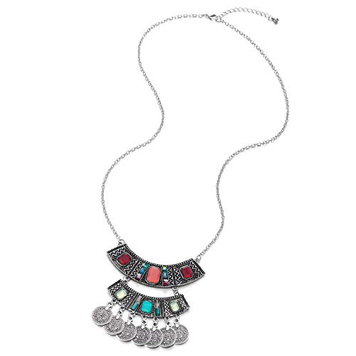 COOLSTEELANDBEYOND Largo Cadena Statement Collar Colores Cristal Cuentas Colgantes Multi Capas Círculo Borla Colgante, Vintage Etnico