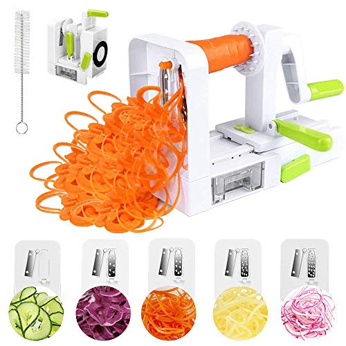 Cortador Verduras Espiral Espiralizador Vegetal con 5 Cuchillas y Cepillo de Limpieza para Cortar Verduras en Espiral, Juliana, Espaguetis, Tallarines, Cintas
