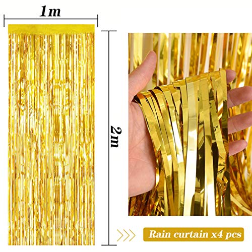 Cortina de Oropel, 4 Pack Oro Metálica Foil Fringe Cortinas Flecos Dorados Cortina de Borla para Decoración Pared Fiestas Cumpleaños Navidad Boda (1m x 2m)