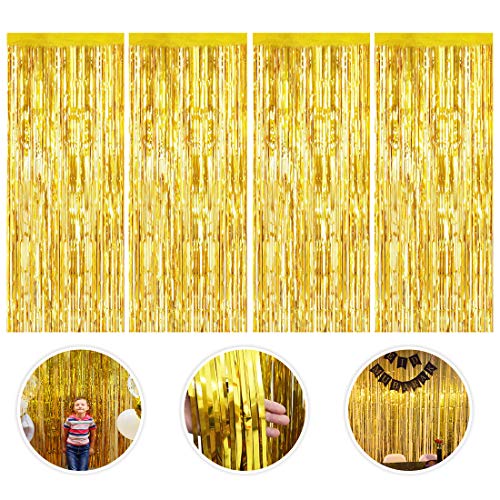 Cortina de Oropel, 4 Pack Oro Metálica Foil Fringe Cortinas Flecos Dorados Cortina de Borla para Decoración Pared Fiestas Cumpleaños Navidad Boda (1m x 2m)