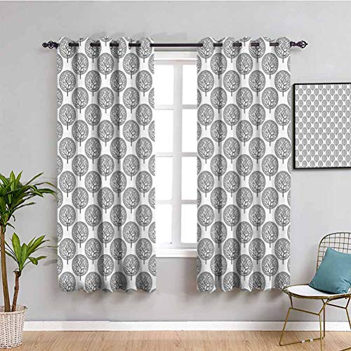 Cortinas de dormitorio con estampado floral, diseño de árbol con hojas en el interior de círculos monocromáticos Madre Tierra ilustración artística sombra insonorizada gris blanco W108 x L84 pulgadas