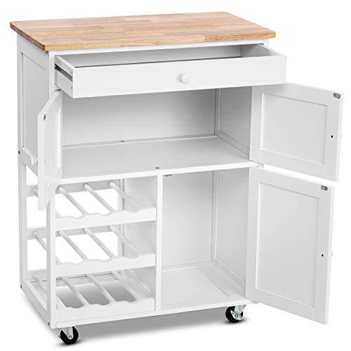COSTWAY Carrito de Cocina Madera con Rueda Cajón 67x37x85cm Estantería de Cocina Vino Armario Blanco