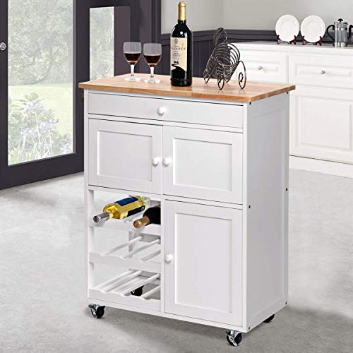 COSTWAY Carrito de Cocina Madera con Rueda Cajón 67x37x85cm Estantería de Cocina Vino Armario Blanco