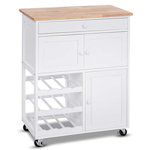 COSTWAY Carrito de Cocina Madera con Rueda Cajón 67x37x85cm Estantería de Cocina Vino Armario Blanco