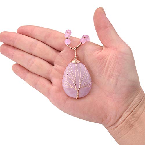 CrystalTears - Collar de perlas con colgante de lágrima ovalada, árbol de la vida, para mujer, piedra de cuarzo natural, 71 cm Rosa