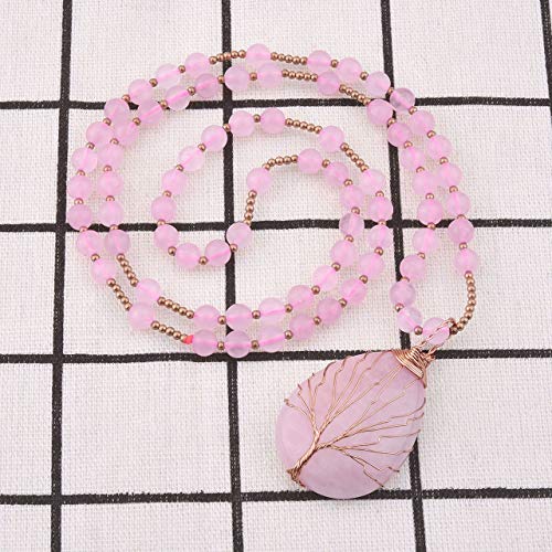 CrystalTears - Collar de perlas con colgante de lágrima ovalada, árbol de la vida, para mujer, piedra de cuarzo natural, 71 cm Rosa