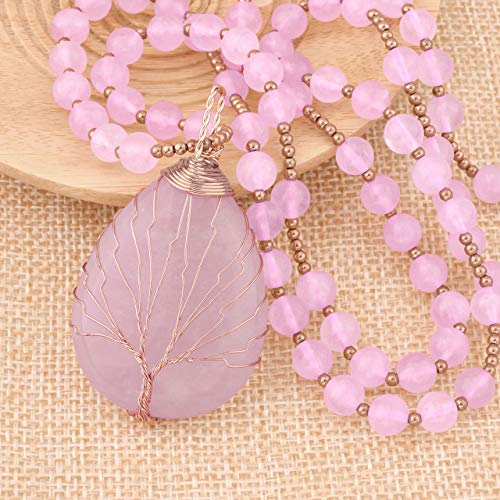 CrystalTears - Collar de perlas con colgante de lágrima ovalada, árbol de la vida, para mujer, piedra de cuarzo natural, 71 cm Rosa
