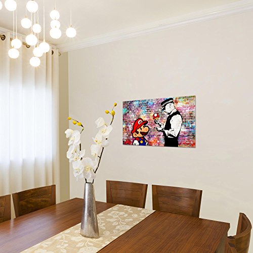 Cuadro en Lienzo Banksy Street Art Mario - XXL Impresión Material Tejido no Tejido Artística Imagen Gráfica Decoracion de Pared - 1 pieza - Listo para colgar - 303014c