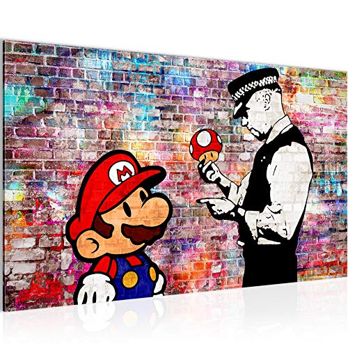 Cuadro en Lienzo Banksy Street Art Mario - XXL Impresión Material Tejido no Tejido Artística Imagen Gráfica Decoracion de Pared - 1 pieza - Listo para colgar - 303014c
